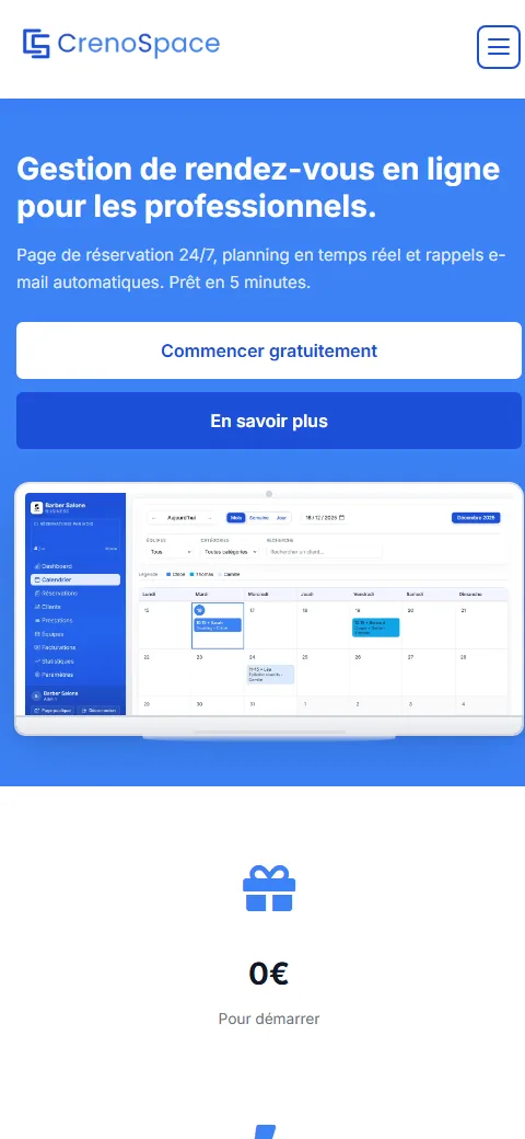 Version mobile du projet CrenoSpace - Réservation en ligne pour professionnels