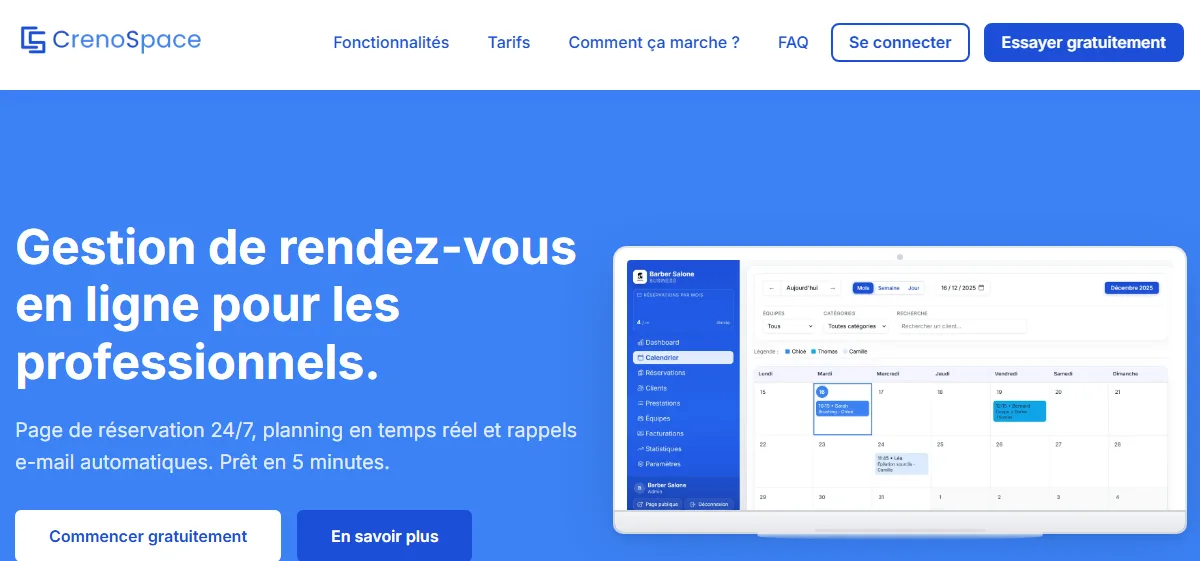 Capture d'écran du projet CrenoSpace - Réservation en ligne pour professionnels