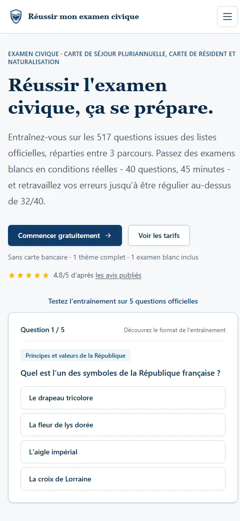 Version mobile du projet Réussir mon examen civique - Préparation à l'examen 2026