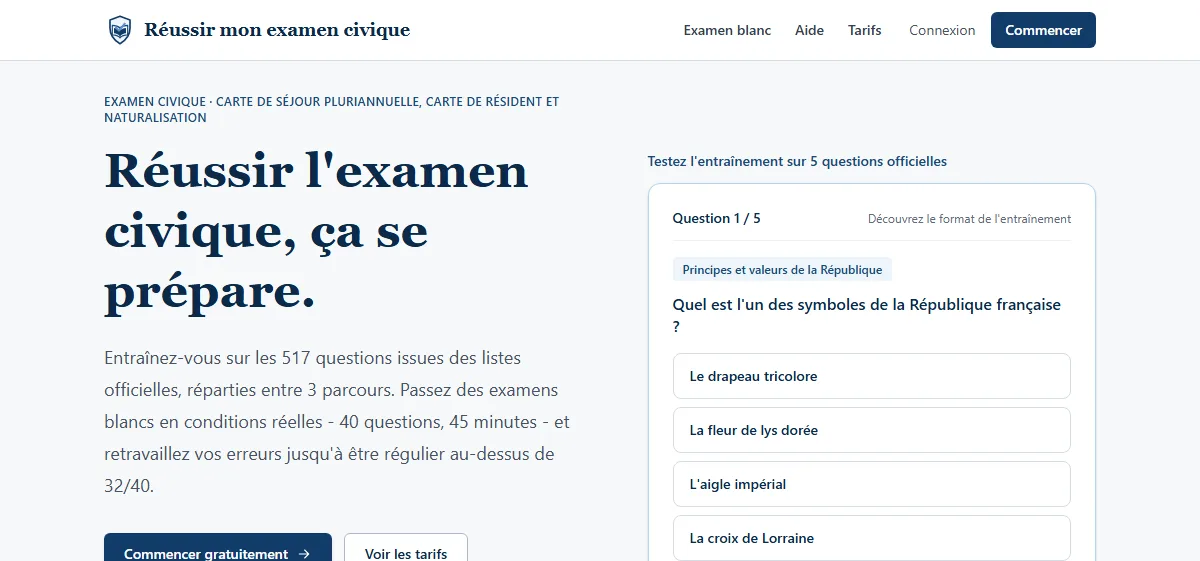 Réussir mon examen civique - Préparation à l'examen 2026, site livré et en ligne - capture d'écran réelle