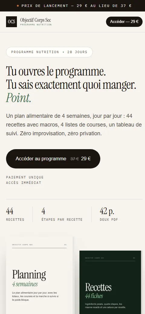 Version mobile du projet Objectif Corps Sec - Programme nutritionnel