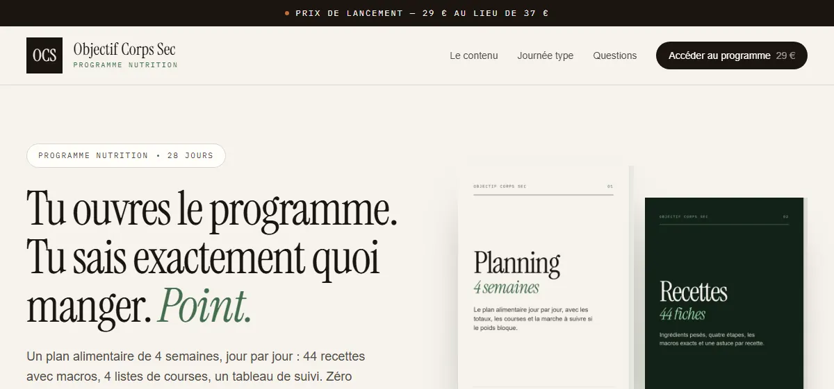 Capture d'écran du projet Objectif Corps Sec - Programme nutritionnel